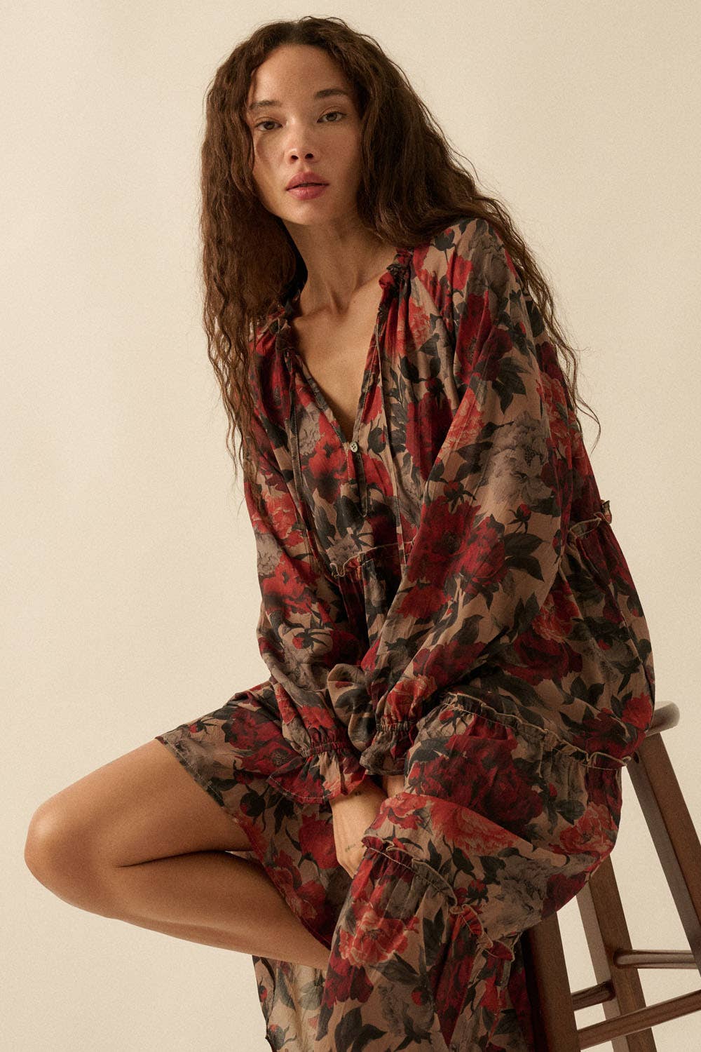 Floral-Print Tiered Ruffle Long-Sleeve Midi Dress - Out of the Blue