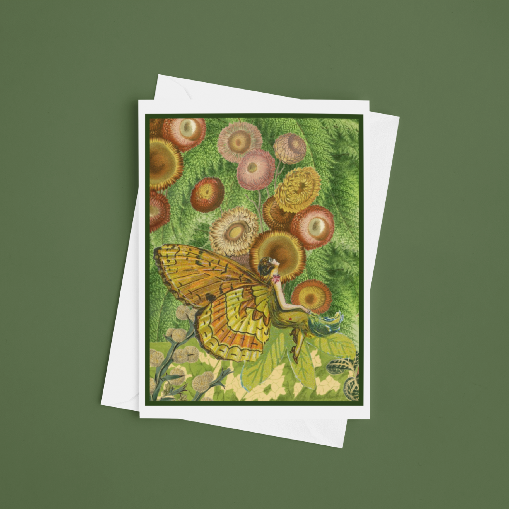 Greeting Card. Vintage Butterfly Fairy Girl. Green Orange. - Out of the Blue