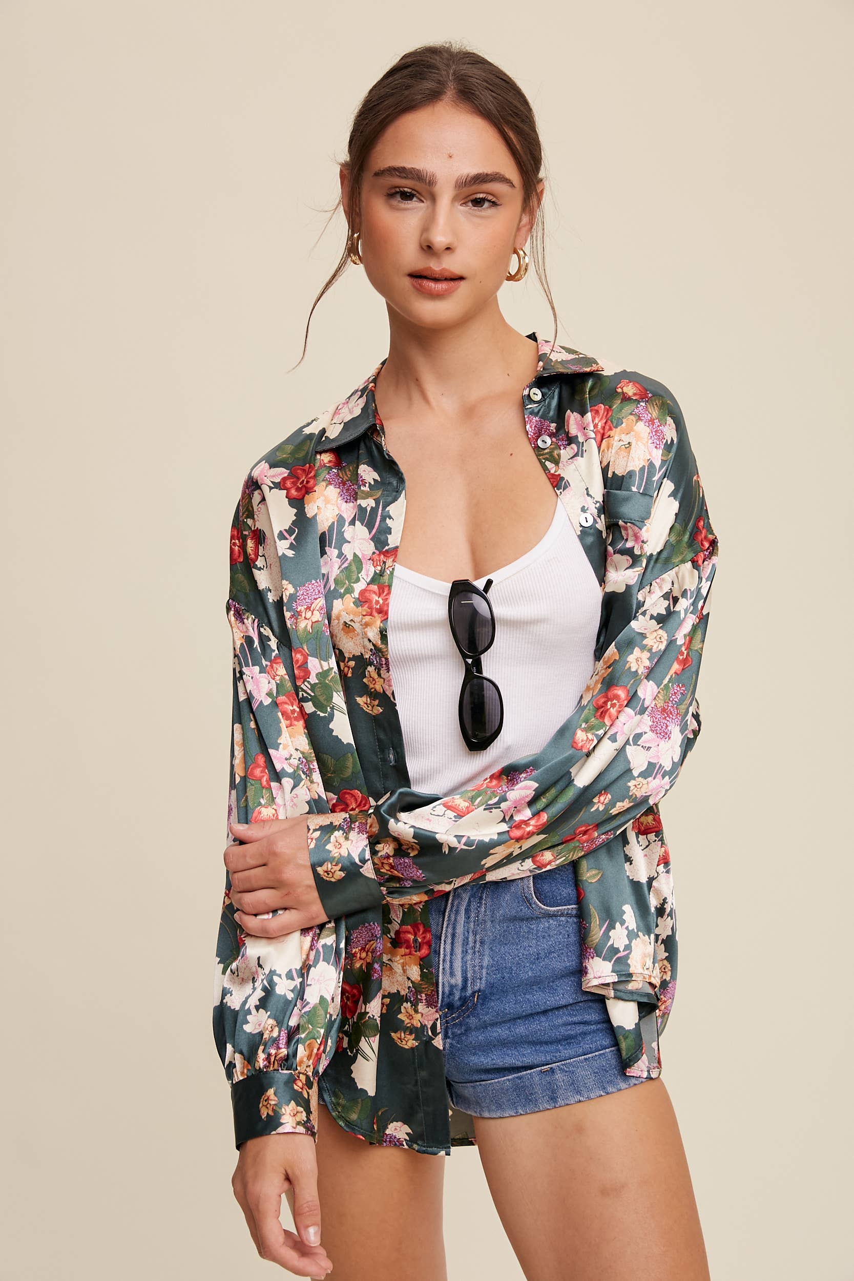 Floral Satin Button-Up Shirt LT1309 - Out of the Blue