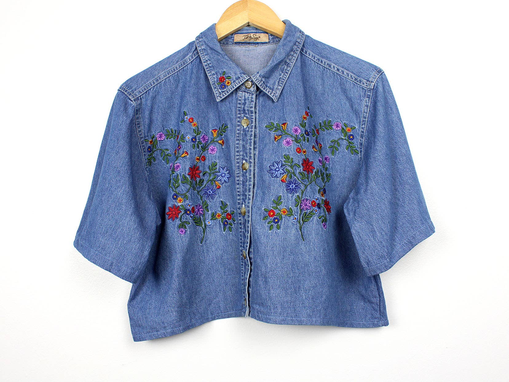 Reworked Vintage Denim Button-Up Shirt - Cropped - Out of the Blue