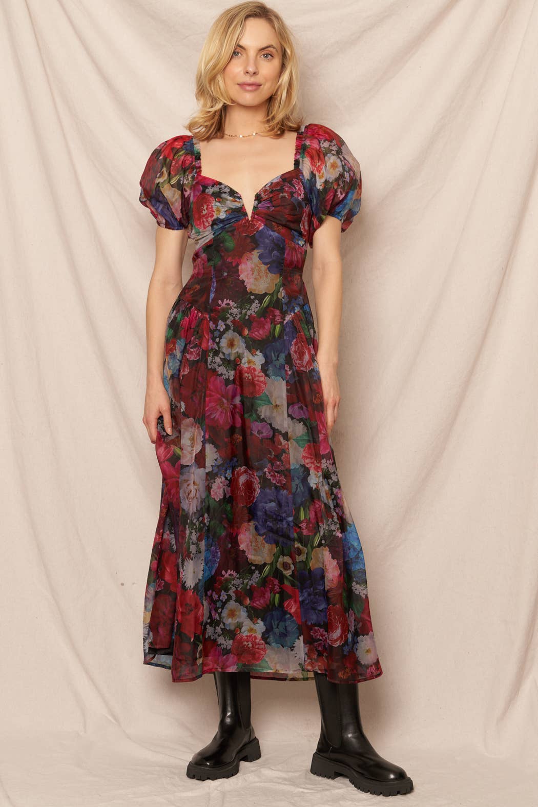 Puff Sleeve Floral Midi Dress