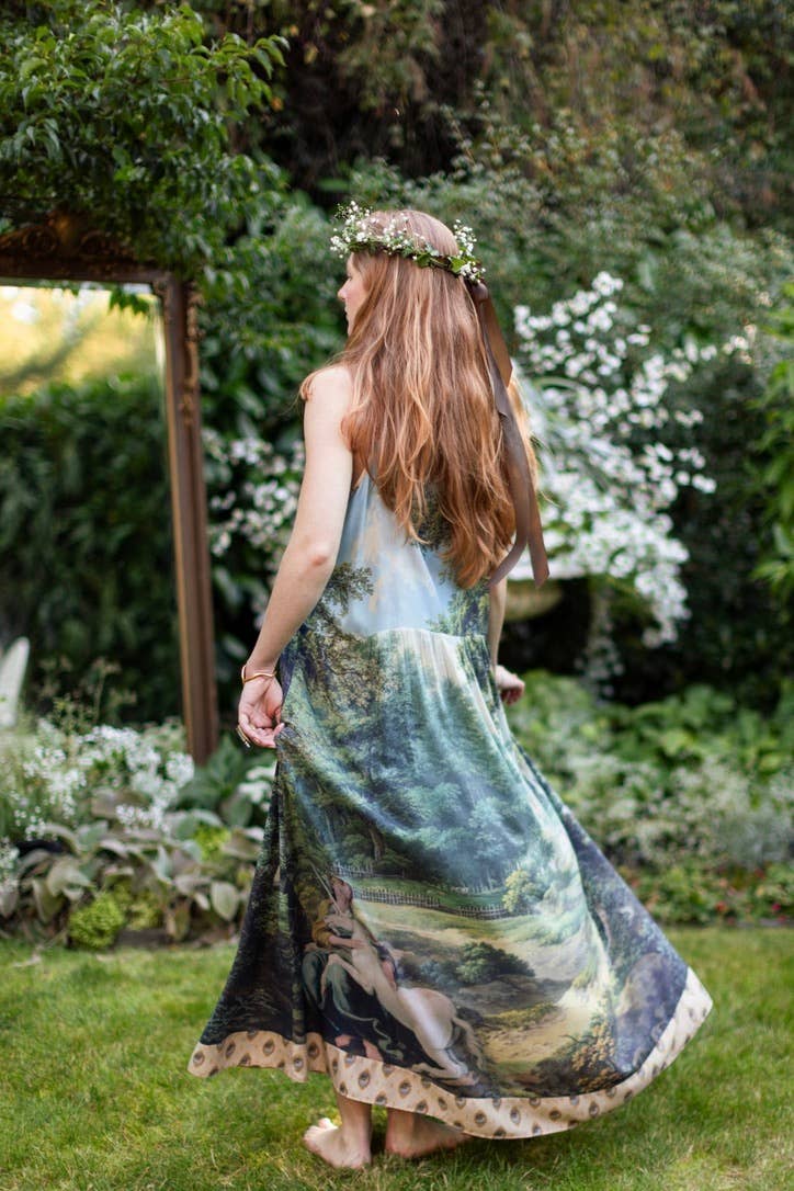 The Mythmaker Bohéme Maxi Slip Dress w/ Landscape & Unicorn - Out of the Blue
