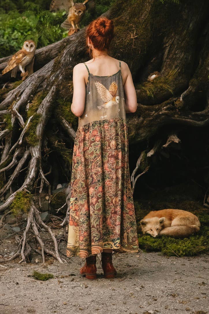 Woodland Wisdom Bohéme Maxi Slip Dress w/ Florals, Fox & Owl - Out of the Blue
