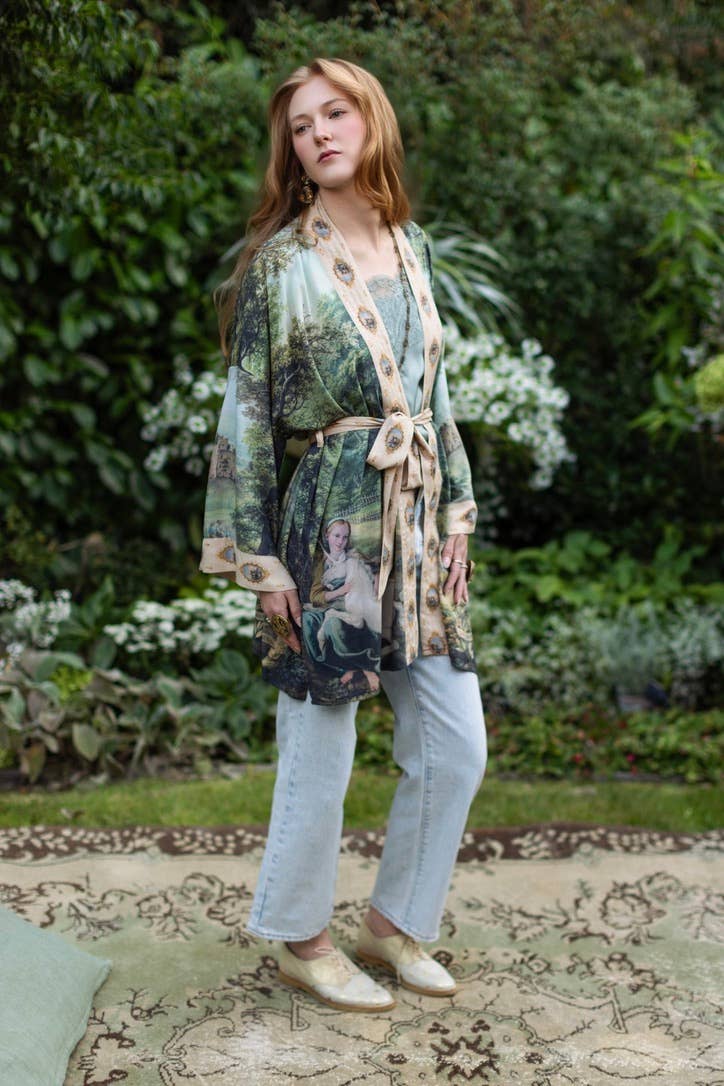 The Mythmaker Matinée Duster Kimono w/ landscape & unicorn - Out of the Blue