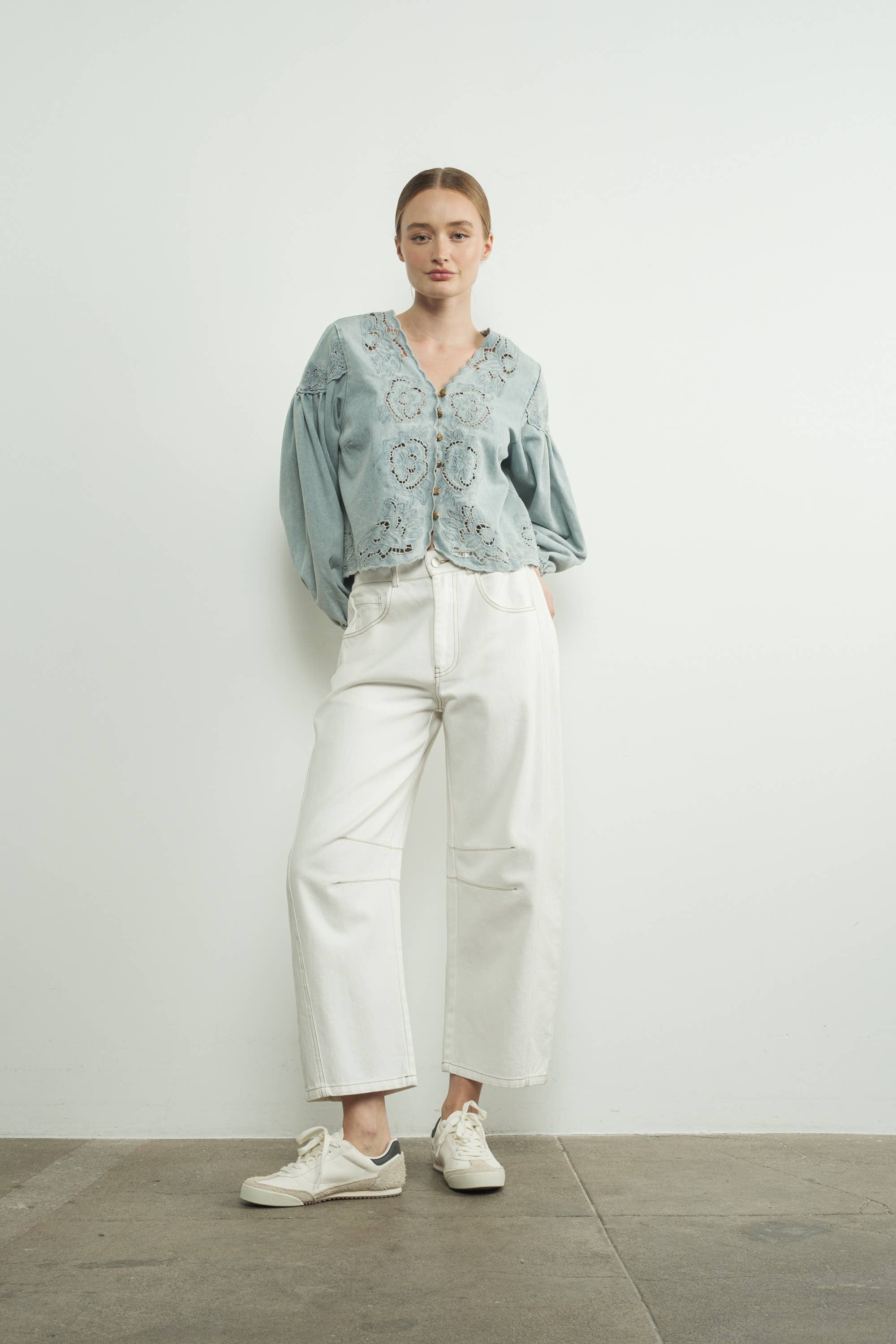 DENIM EMBROIDERY BLOUSE - Out of the Blue