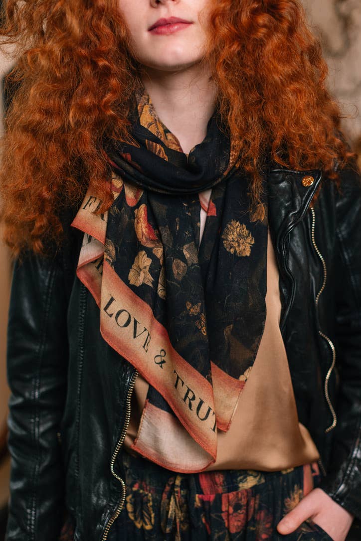 Heart of Gold Scarf with Swallows & Sacred Heart - Out of the Blue