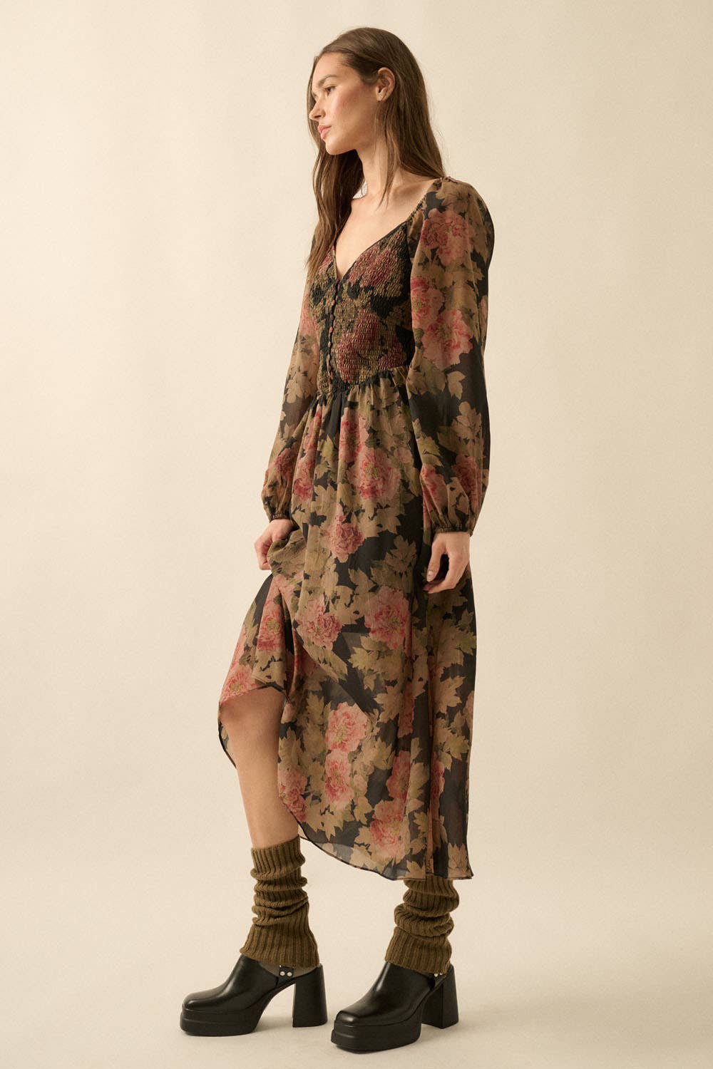 Smocked Midi Peasant Dress