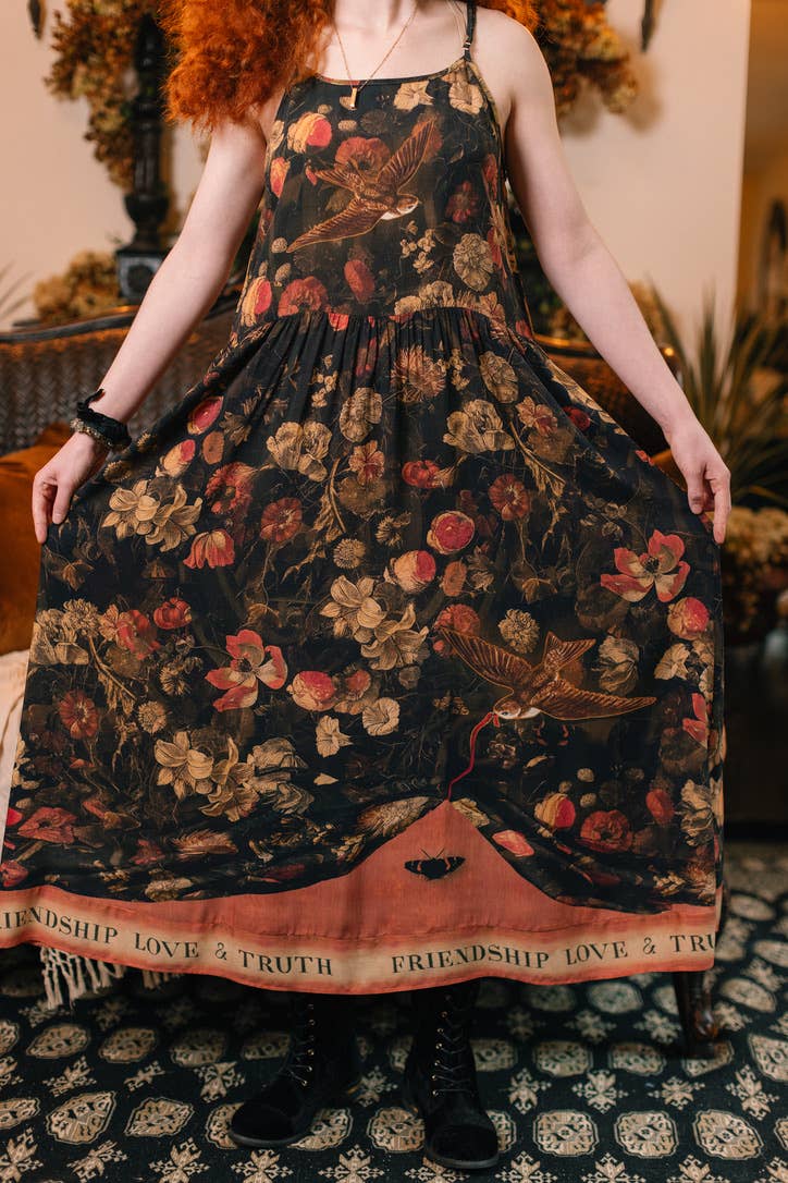 Heart of Gold Bohéme Long Maxi Slip Dress w/ Sacred Heart - Out of the Blue