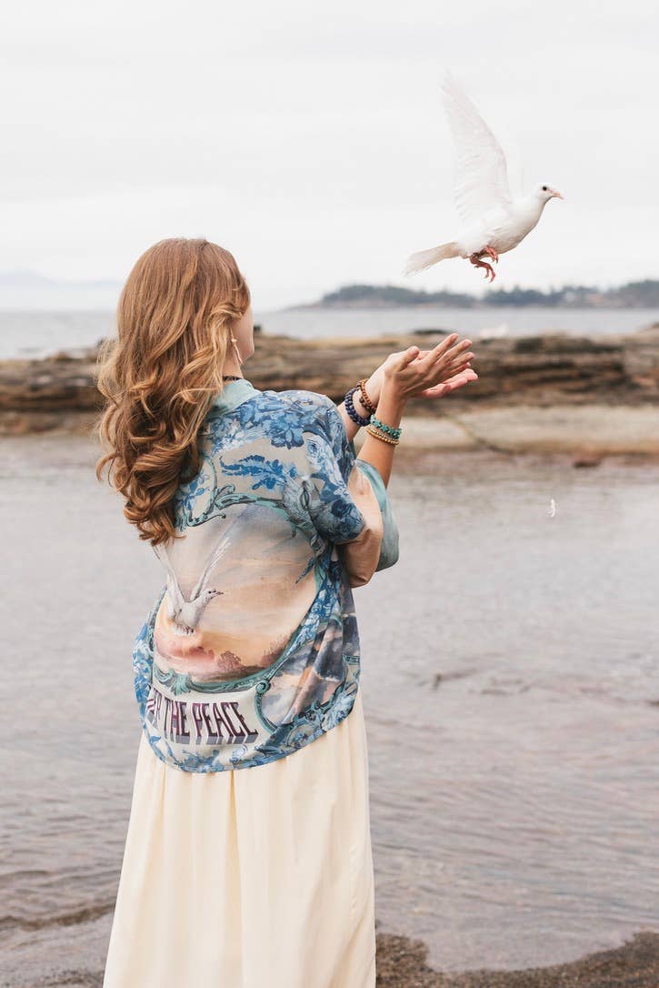 Peace Out Cropped Kimono Pixie Duster with Doves and Sunrise - Out of the Blue