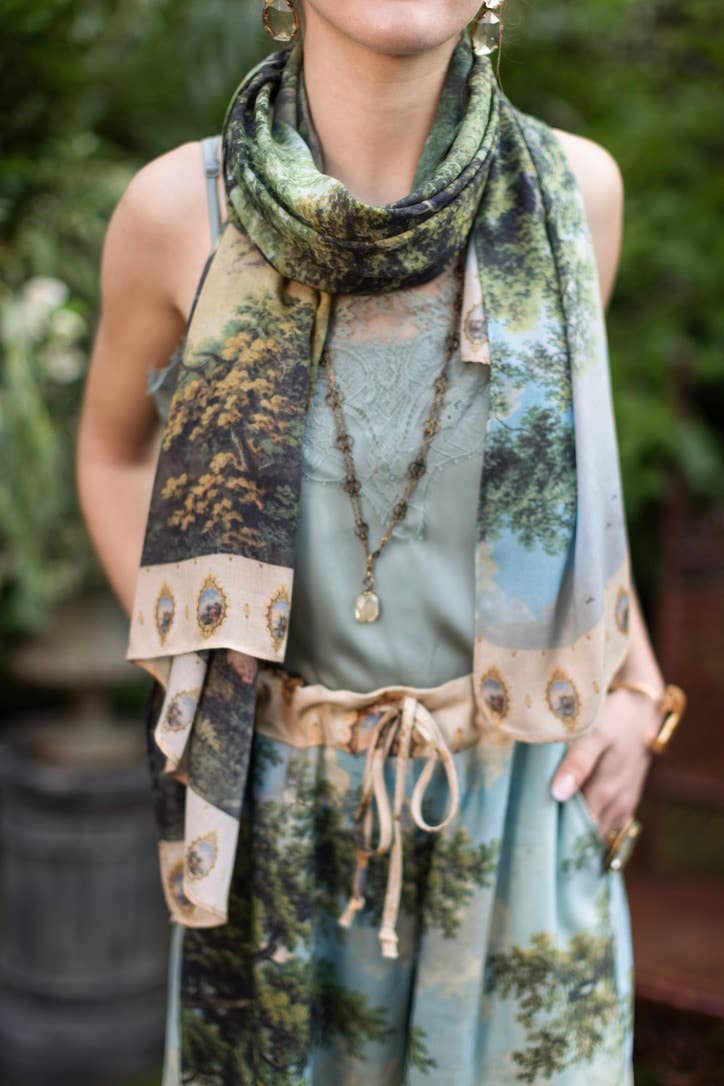 The Mythmaker Bohemian Scarf w/ Landscape & Unicorn Print - Out of the Blue