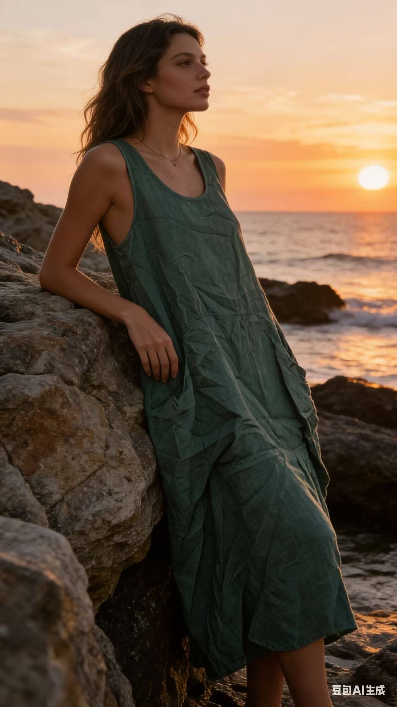 Sleeveless long dress 100% linen REF. 8466: WASABI - Out of the Blue