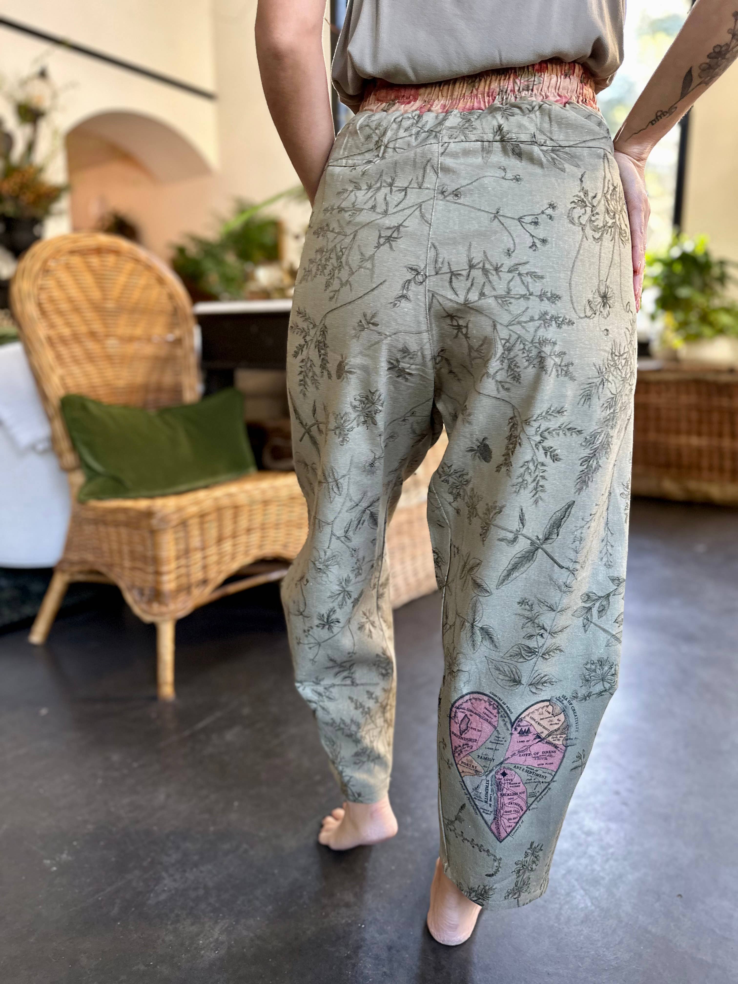 Map of My Heart Printed Boho Artist Pants in Sage - Out of the Blue