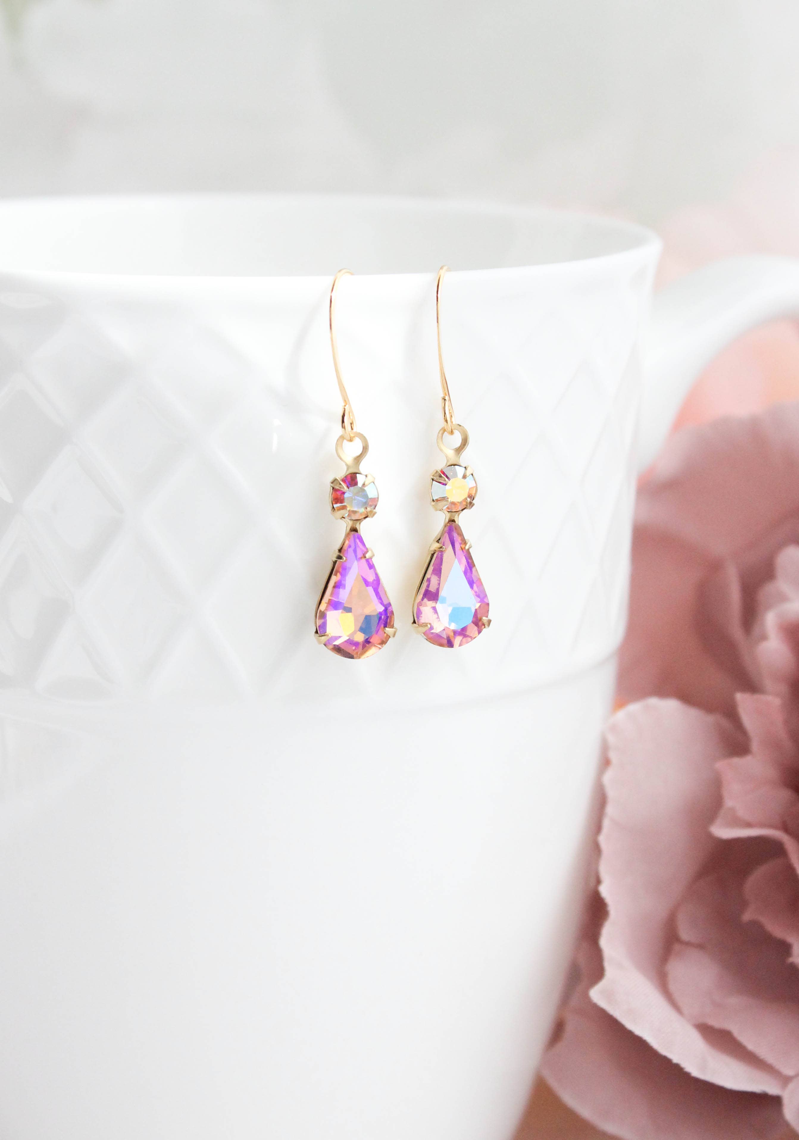 Vintage Glass Teardrop Earrings - Aurora - Rose Pink - Out of the Blue