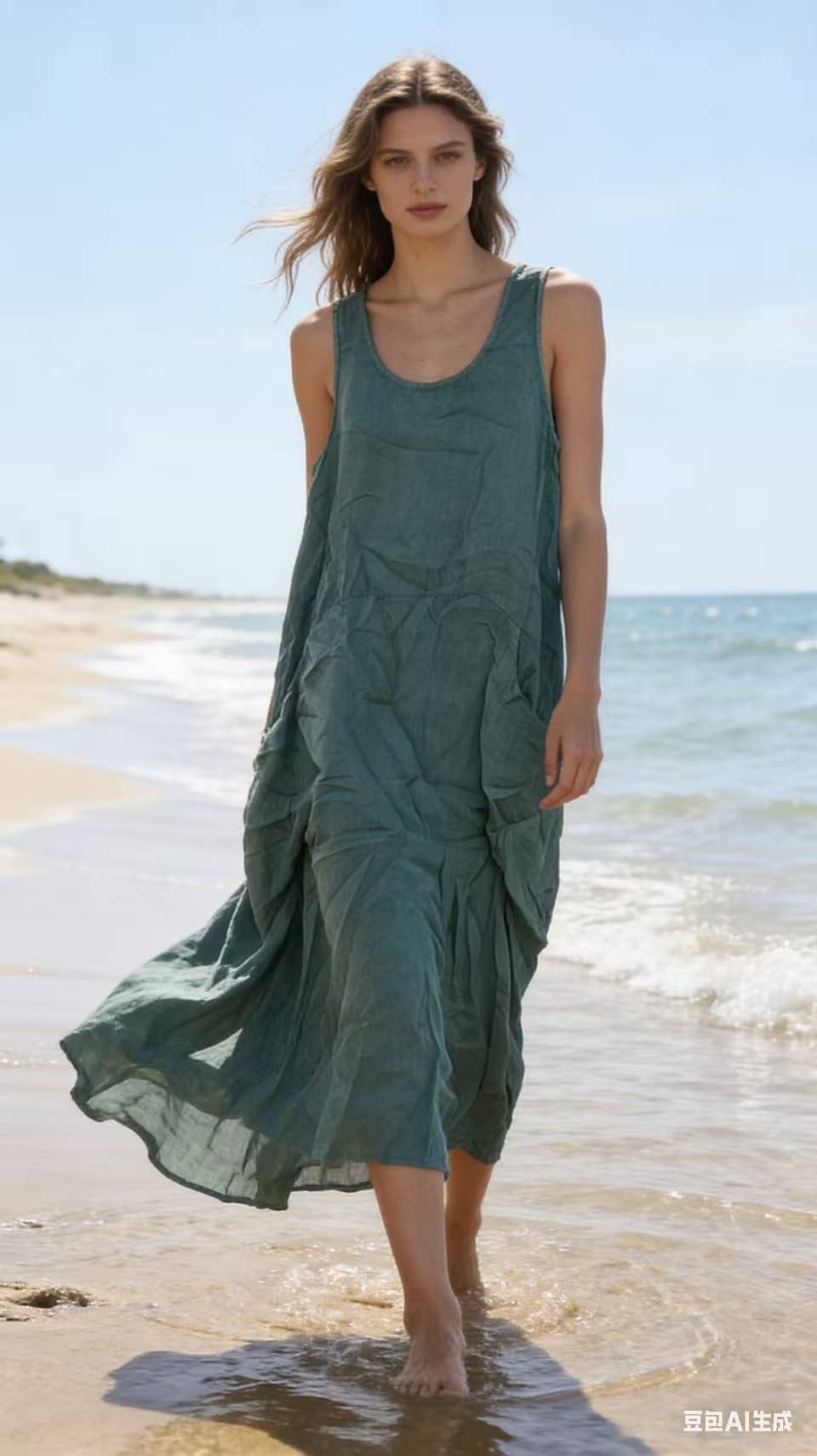 Sleeveless long dress 100% linen REF. 8466: Duck Green - Out of the Blue