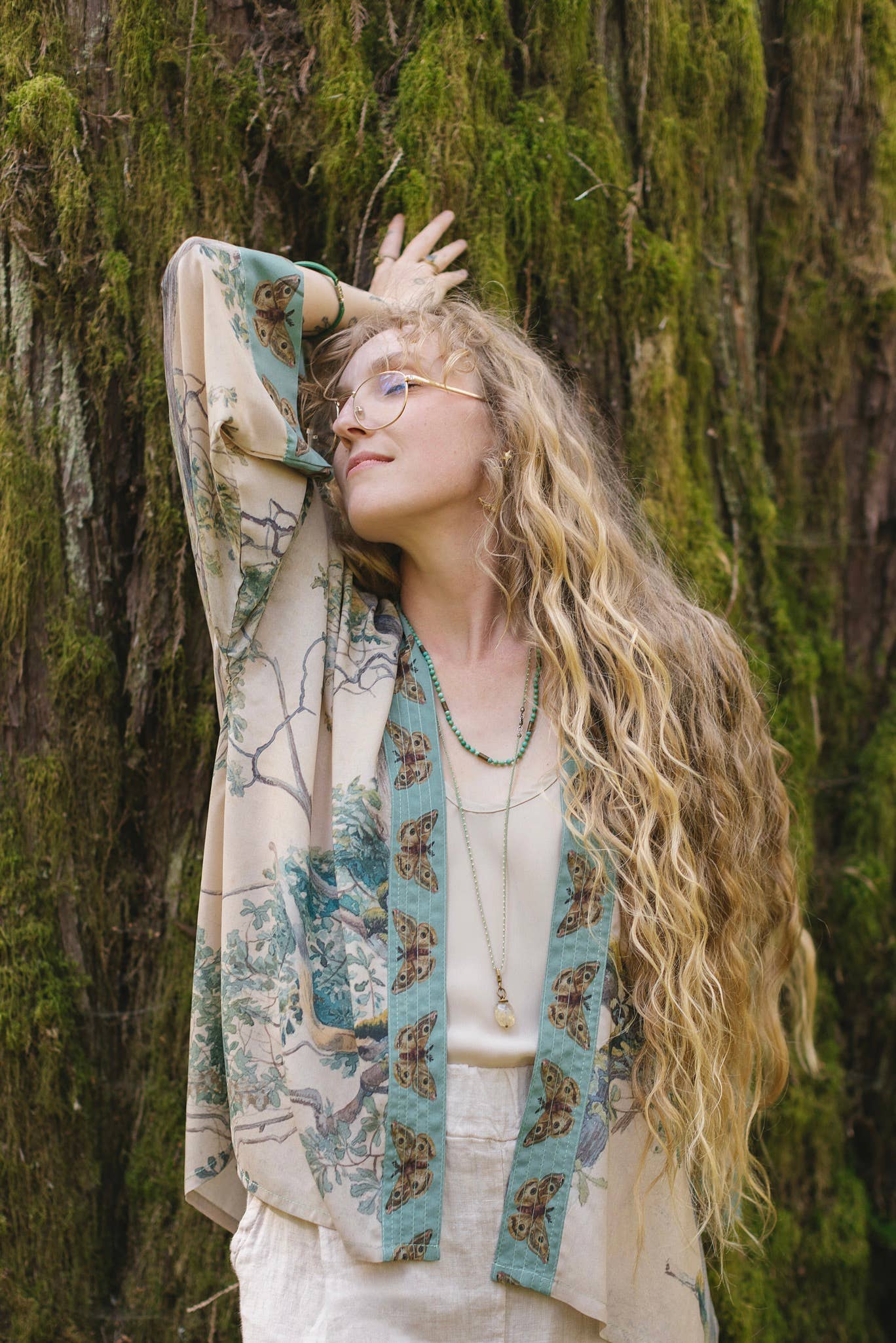 Earth and Sky Cropped Bamboo Kimono Cardigan with Tree Print - Out of the Blue