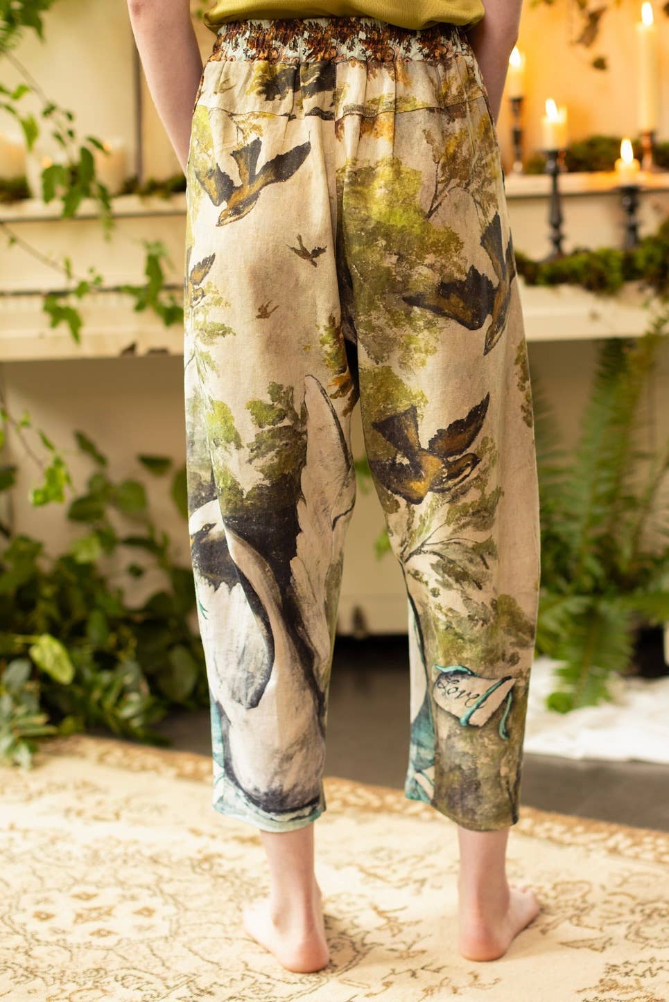 Theatre of Dreams Linen Cropped Artist Pant w/ Swan, Birds - Out of the Blue