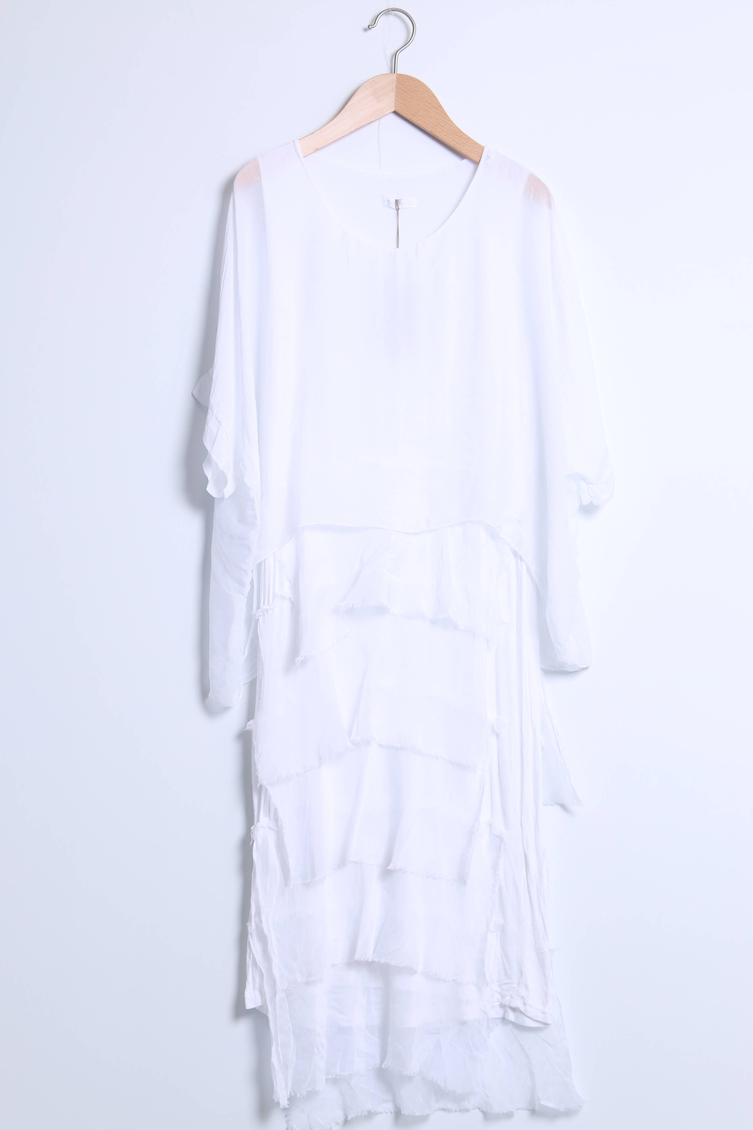 Flowy long dress with layered ruffles and 3/4 sleeves 30498 - Out of the Blue