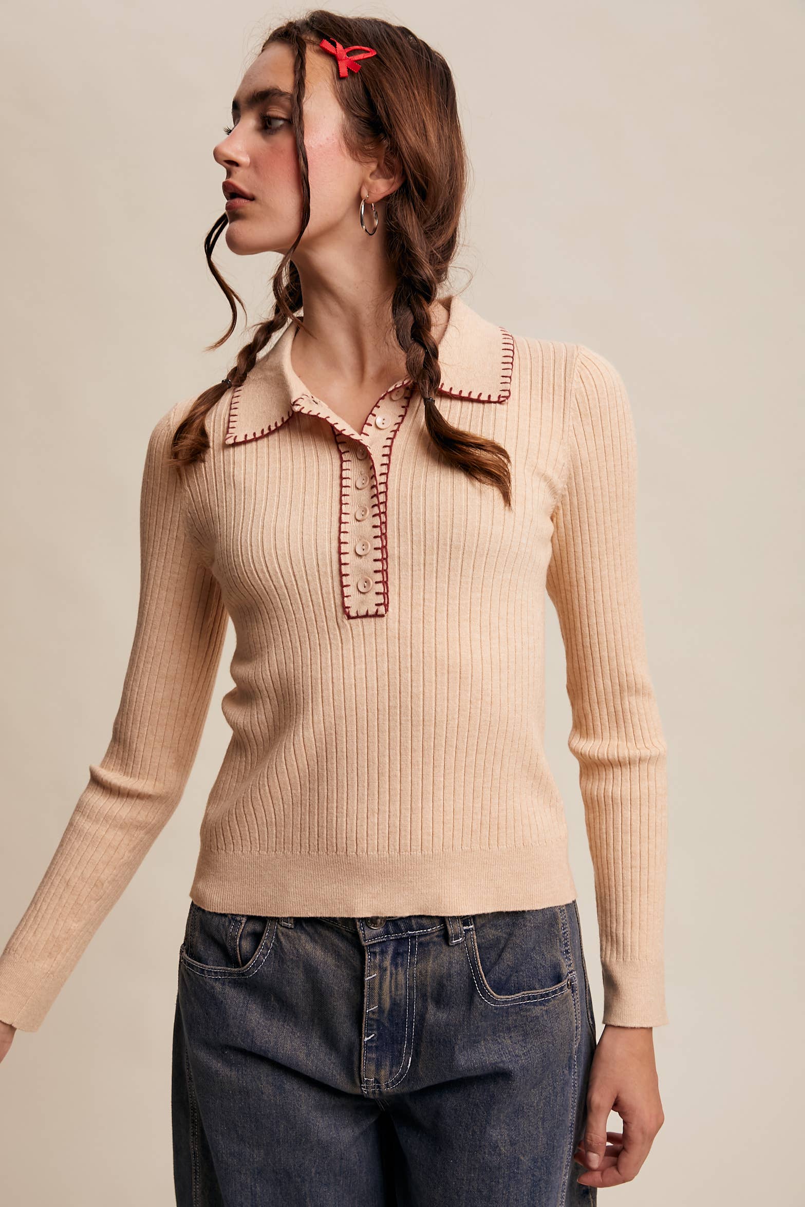 Contrast Stitch Ribbed Knit Top - Out of the Blue