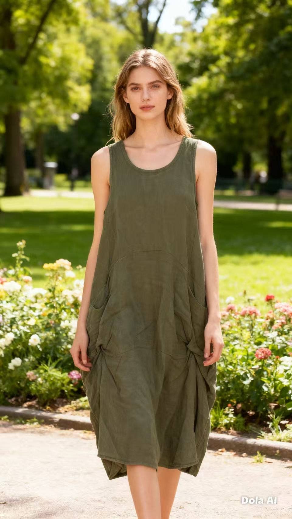 Sleeveless long dress 100% linen REF. 8466 - Out of the Blue