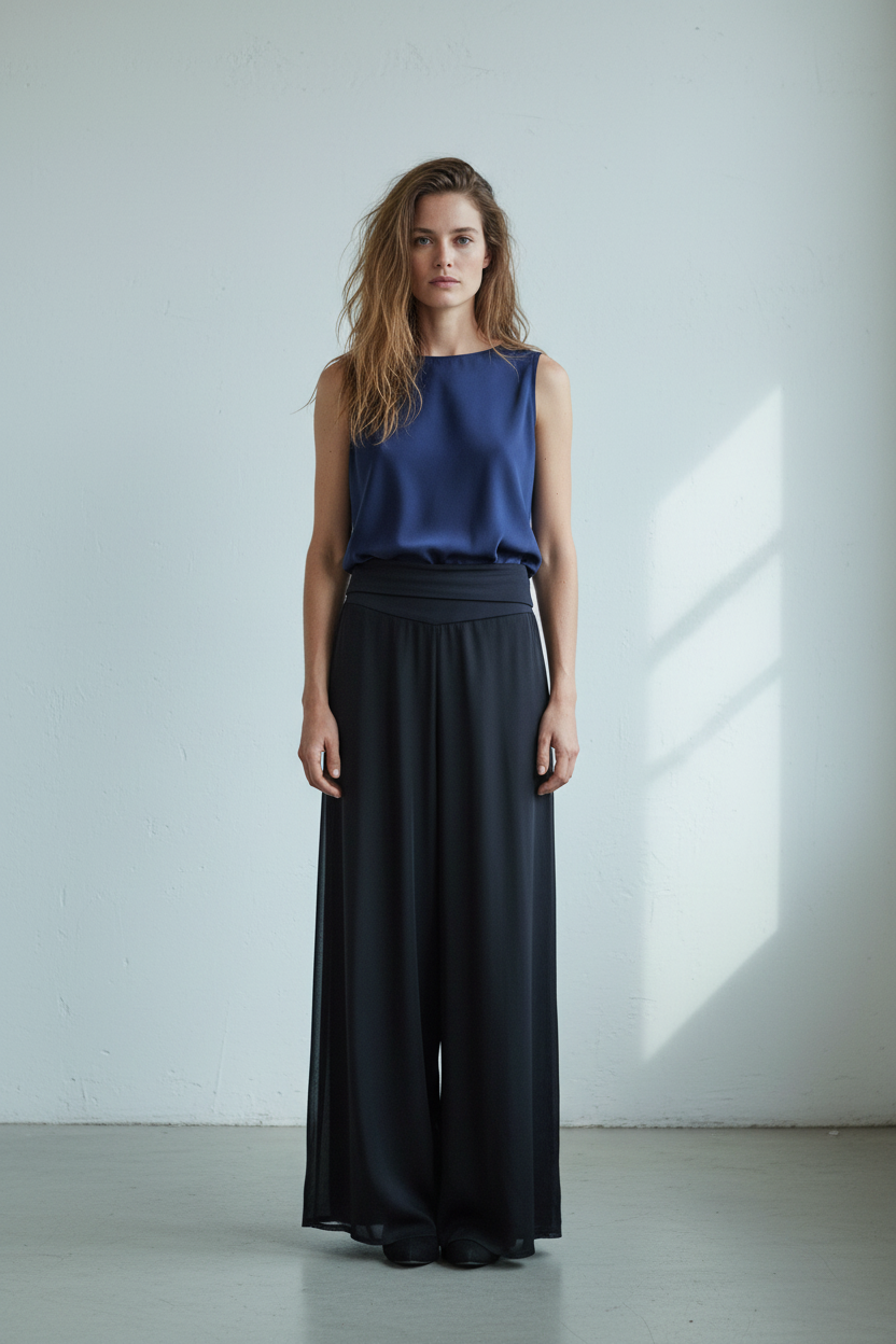 High-waisted fluid pants with wide legs for 20643