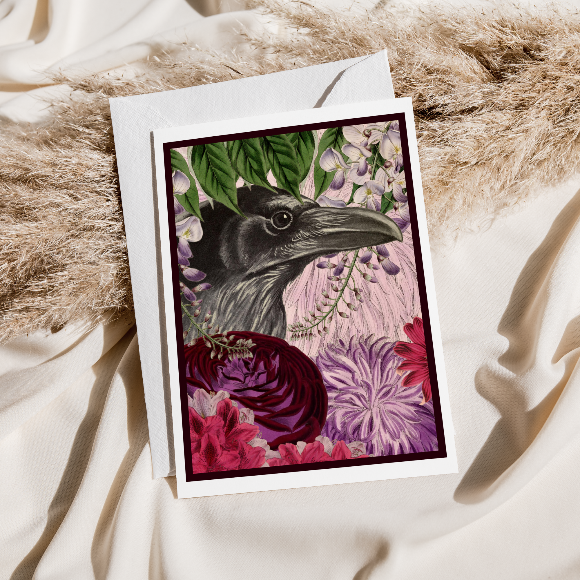 Greeting Card. Vintage Raven With Purple Flowers