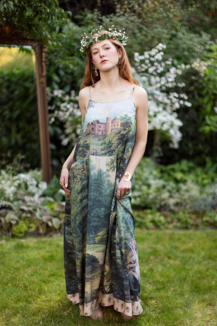 The Mythmaker Bohéme Maxi Slip Dress w/ Landscape & Unicorn - Out of the Blue