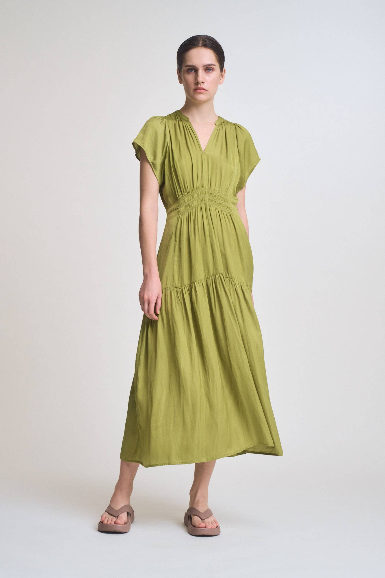 RUFFLE SATIN MIDI DRESS - Out of the Blue