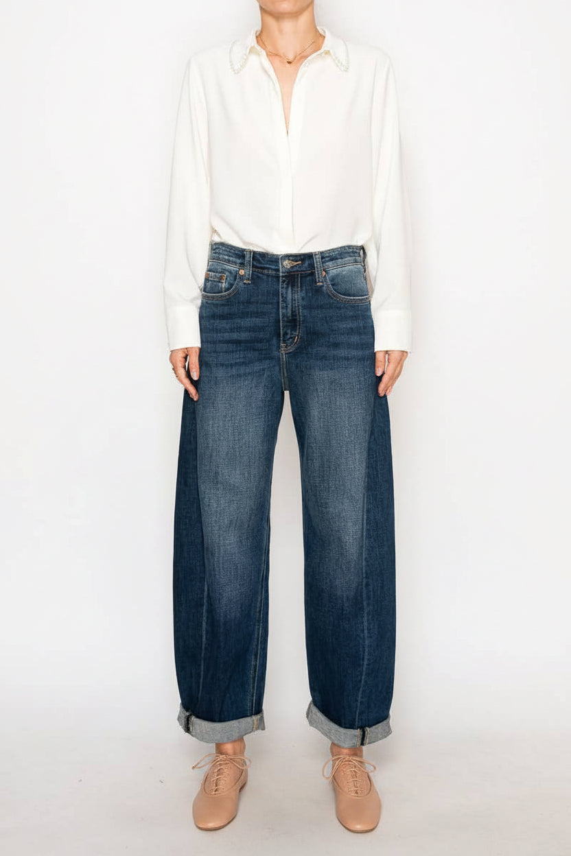 HIGH RISE RELAXED TAPERED DARK WASH BARREL JEANS - Out of the Blue