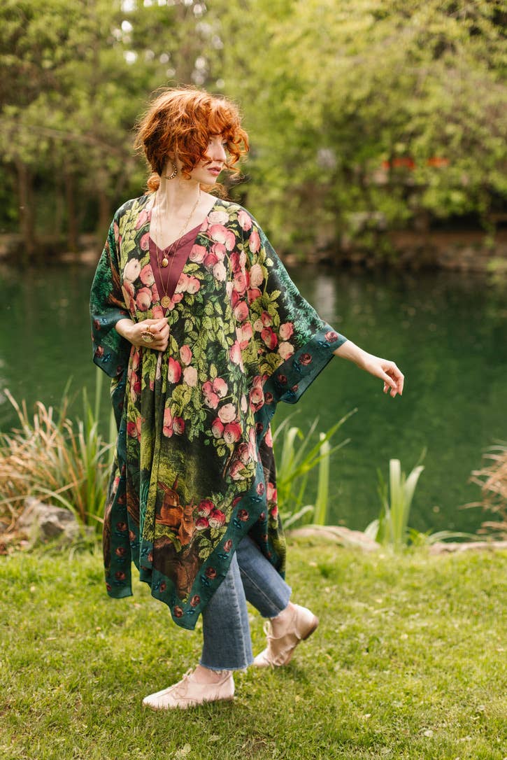 The Daydreamer Goddess Duster Kimono w/ Florals & Rabbits - Out of the Blue