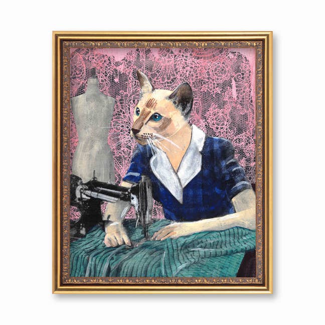 Sewing Cat  Art Print - Out of the Blue