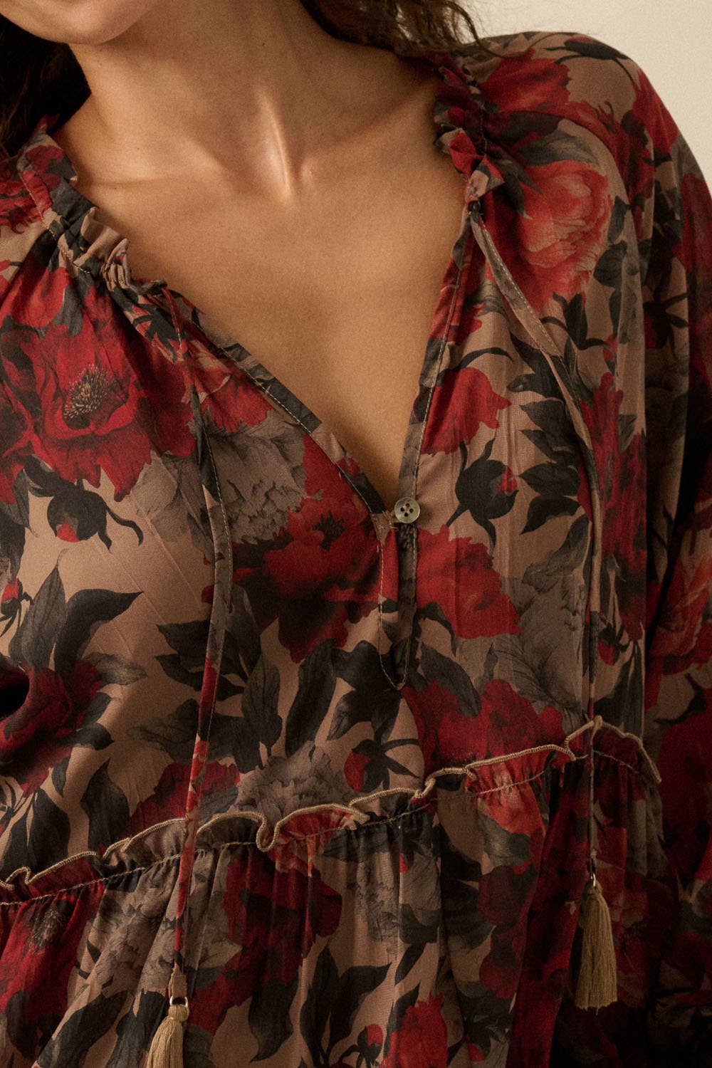 Floral-Print Tiered Ruffle Long-Sleeve Midi Dress - Out of the Blue