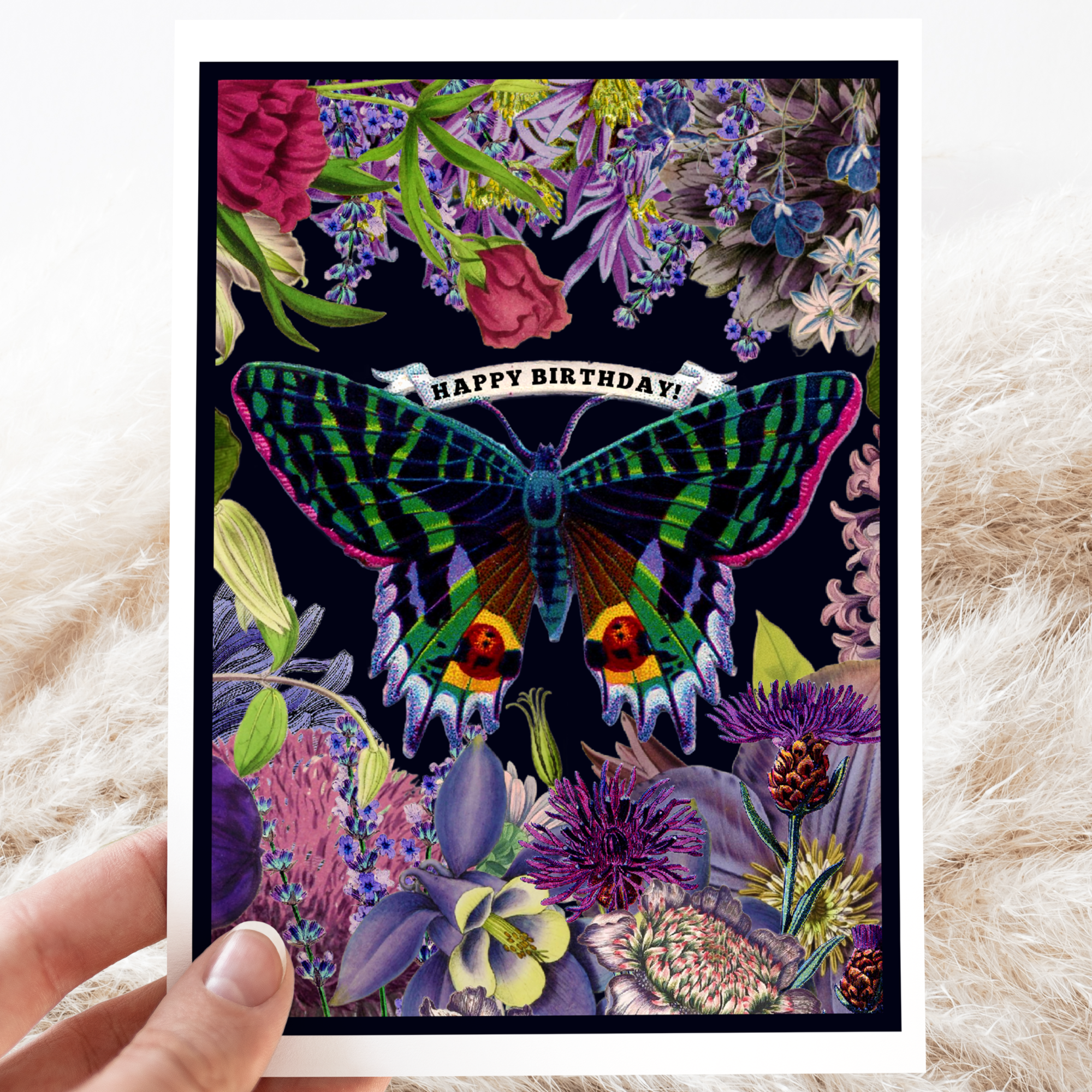Birthday Card. Vintage Butterfly. Purple Flowers. Floral. - Out of the Blue