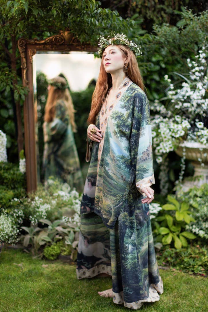 The Mythmaker Matinée Duster Kimono w/ landscape & unicorn - Out of the Blue