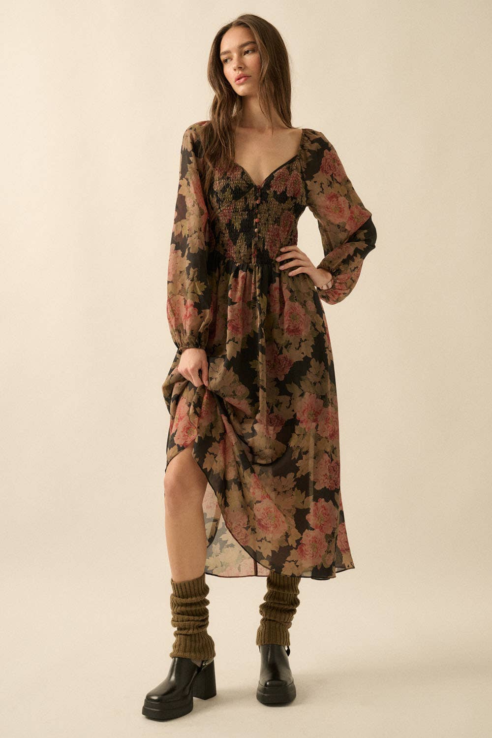 Smocked Midi Peasant Dress