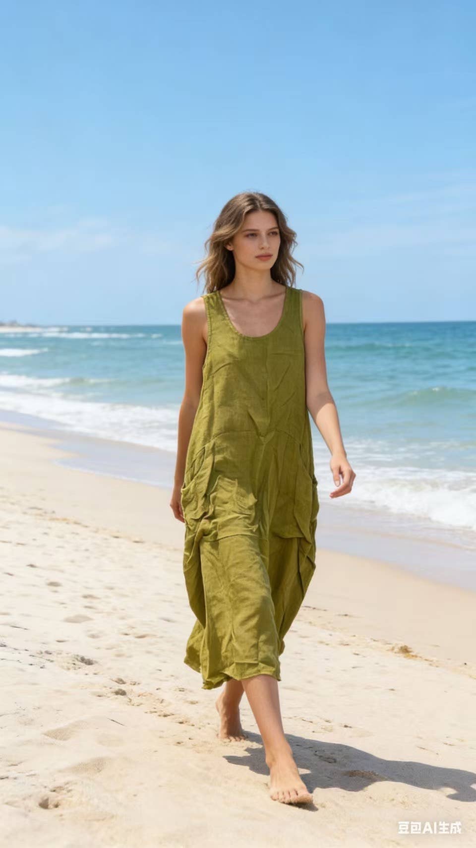 Sleeveless long dress 100% linen REF. 8466: Duck Green - Out of the Blue