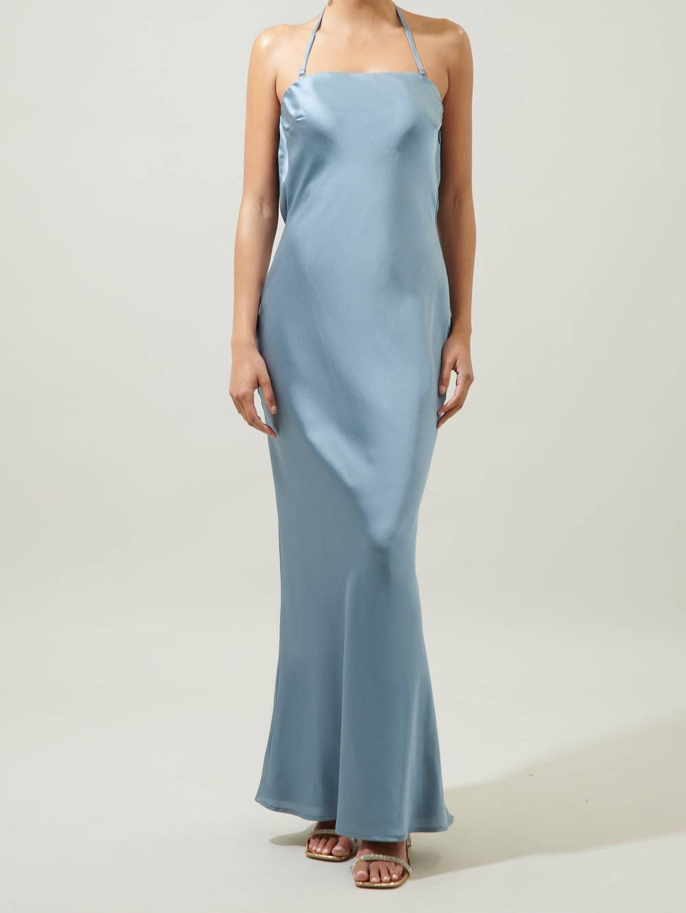Infinite Strapless Open Back Satin Maxi Dress: PowderBlue / XS - Out of the Blue
