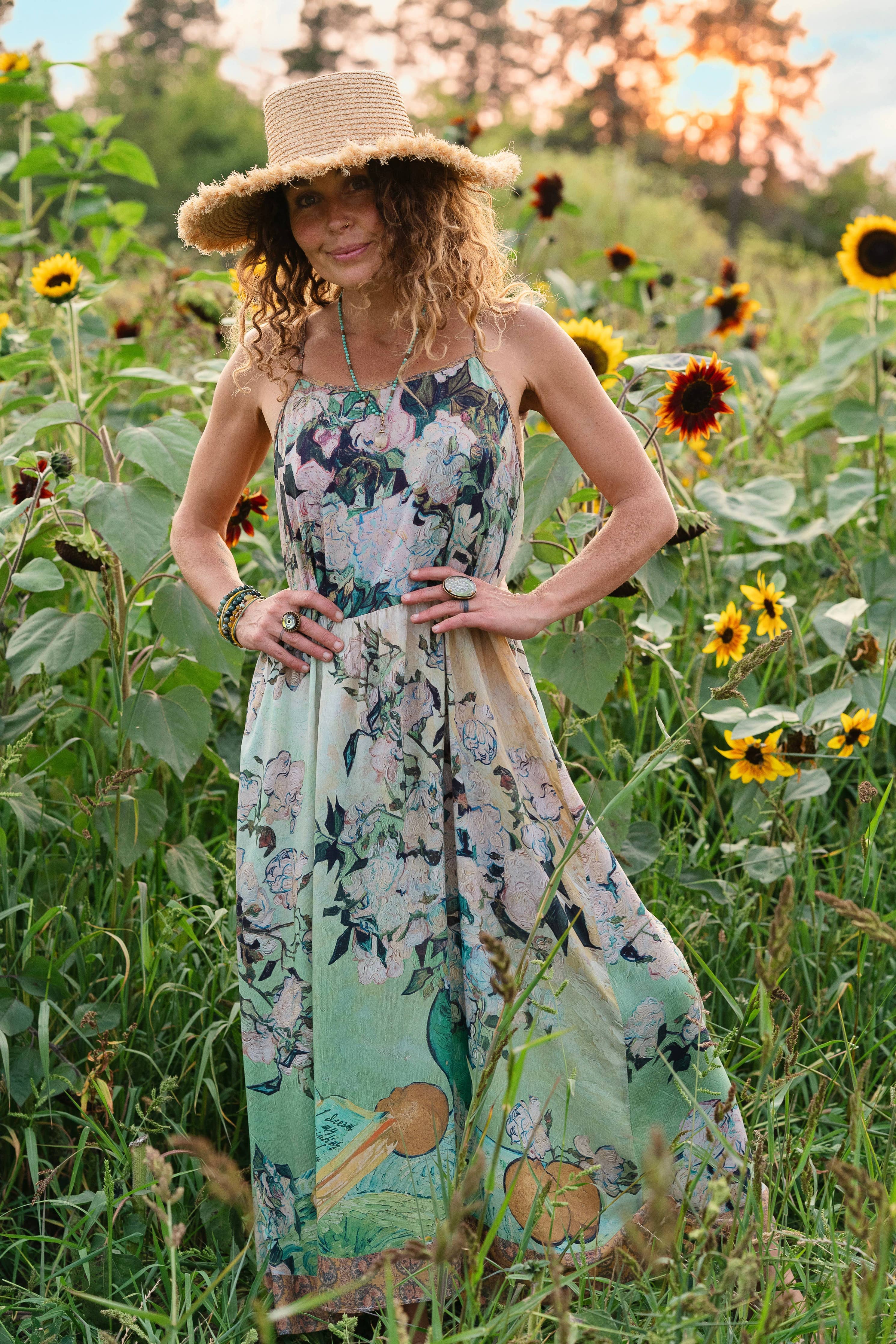 I Paint My Dream Van Gogh Bohéme Long Maxi Slip Dress - Out of the Blue