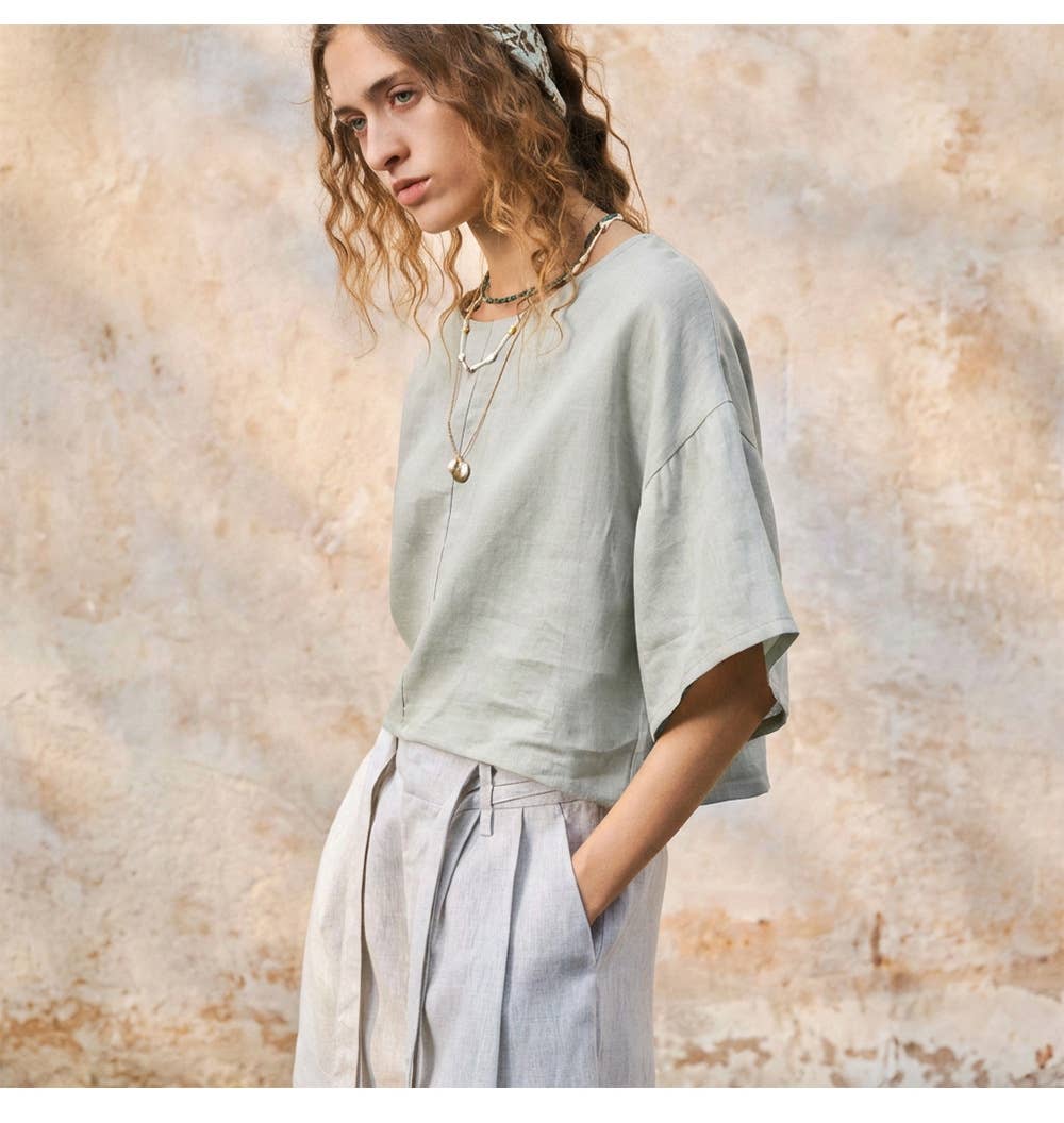 100% Linen Bell Sleeve Top - Out of the Blue
