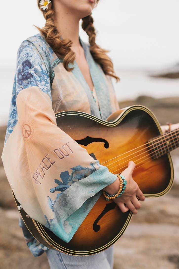 Peace Out Cropped Kimono Pixie Duster with Doves and Sunrise - Out of the Blue