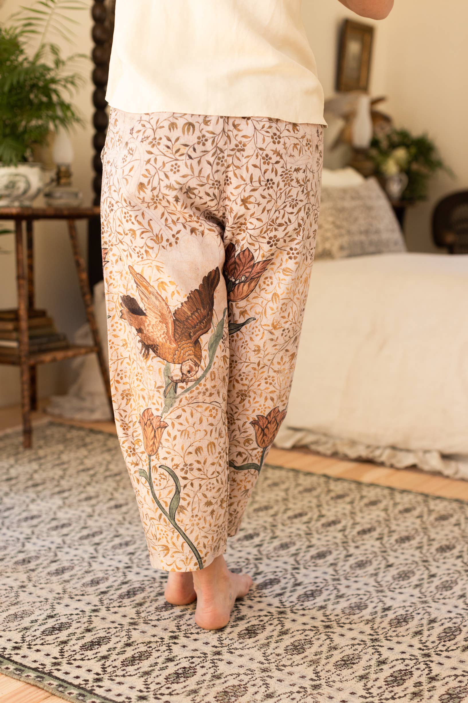 Folklore Boho Linen Floral & Bird Cropped Artist Pants - Out of the Blue