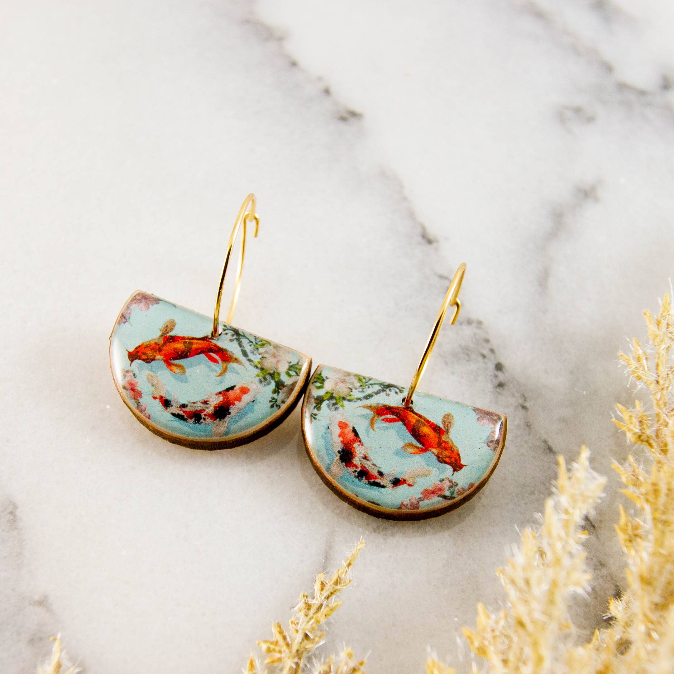 Watercolor Koi Fish Drop Hoop Earrings - Out of the Blue