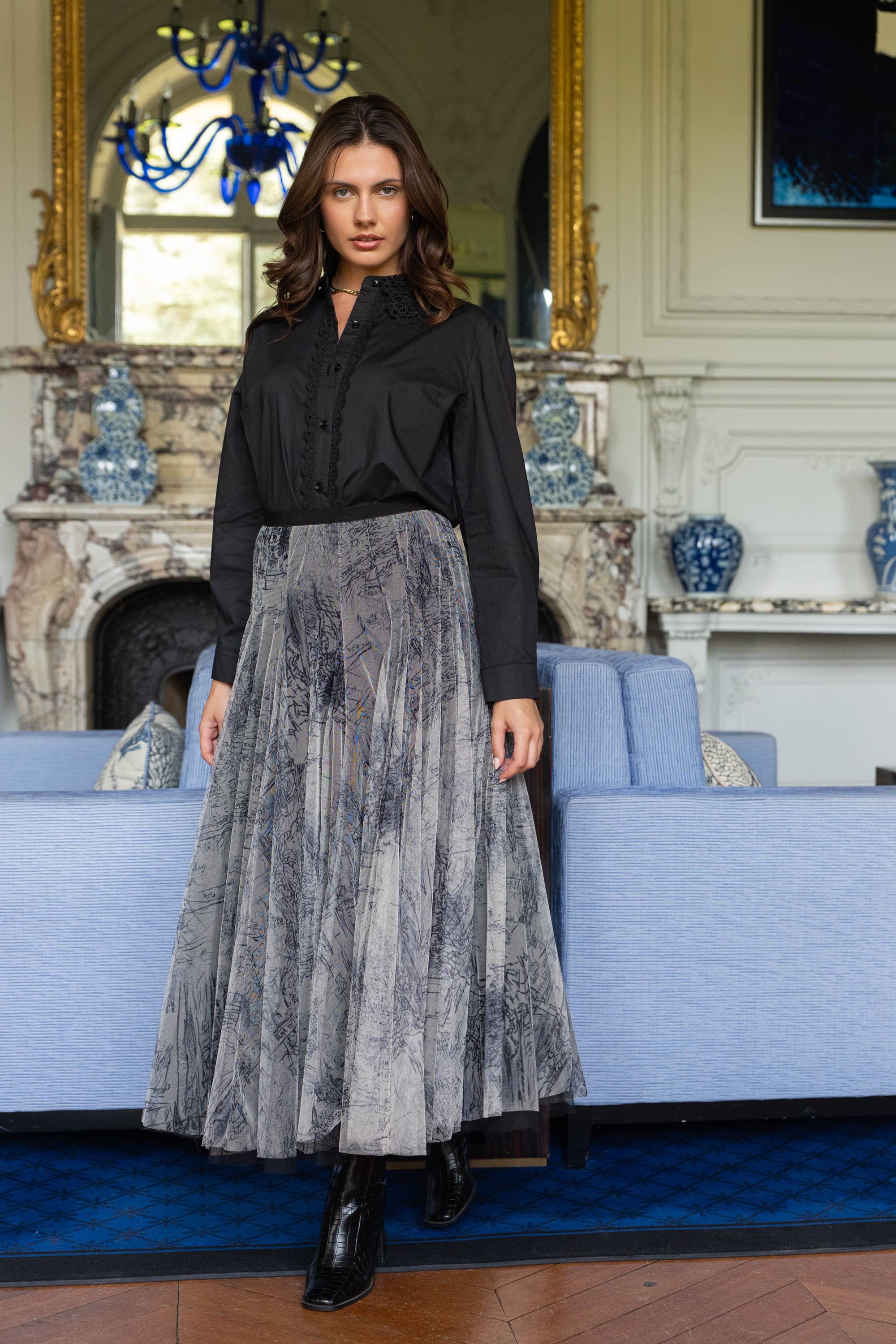 Amber skirt in toile de Jouy printed tulle - CK08202-1: Navy Blue / 2 S/M - 2 M/L - Out of the Blue