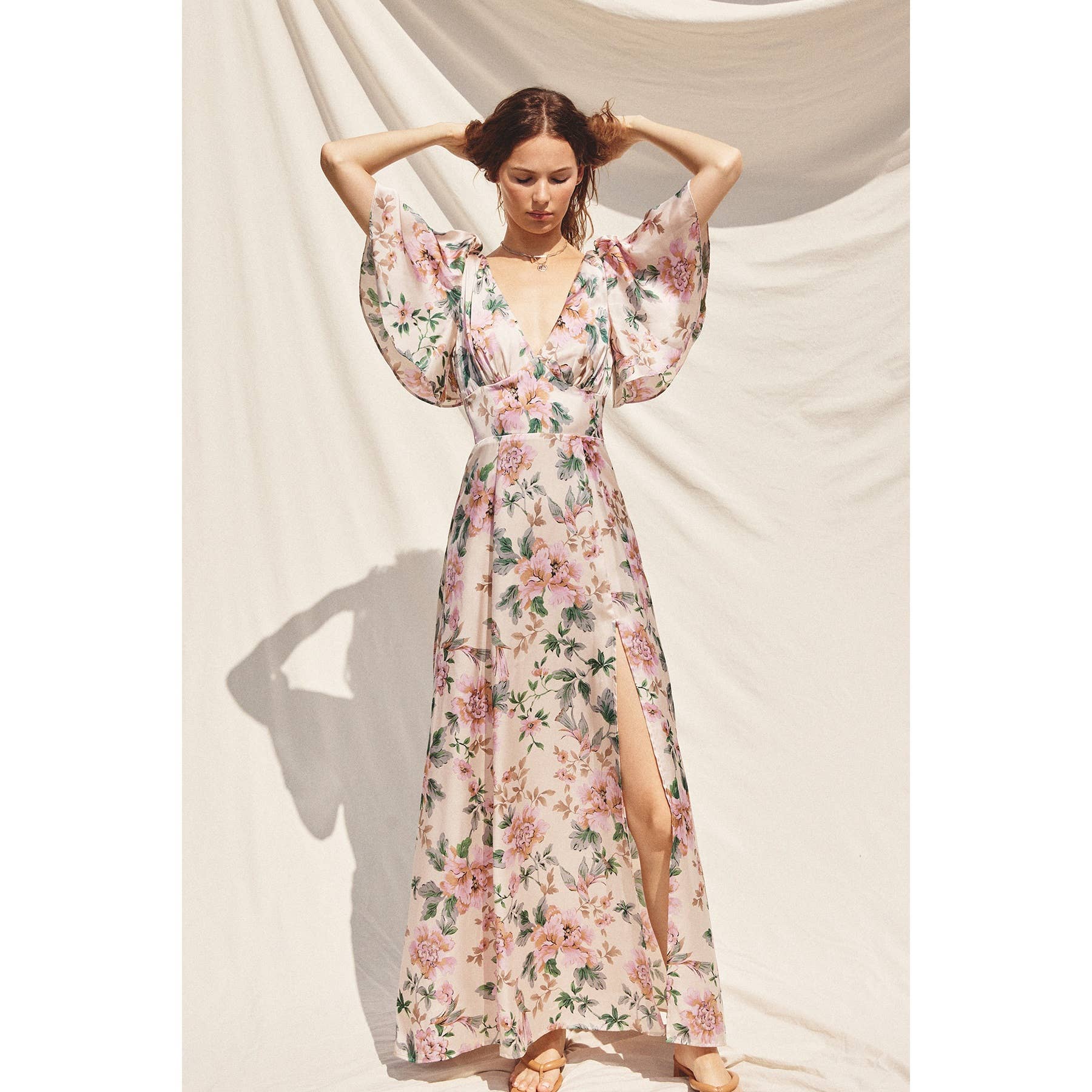 Morning Meadow Flutter Sleeve Plunging Maxi Dress - Out of the Blue