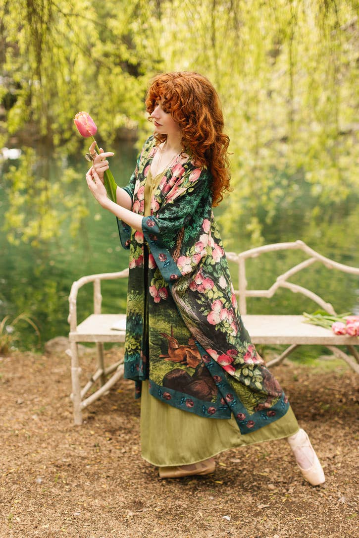 The Daydreamer Goddess Duster Kimono w/ Florals & Rabbits - Out of the Blue