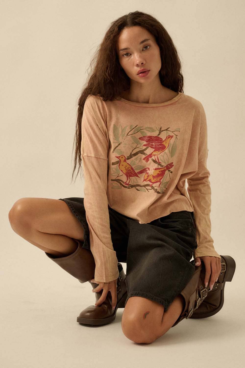 Birds Perched Cropped Vintage-Wash Graphic Tee