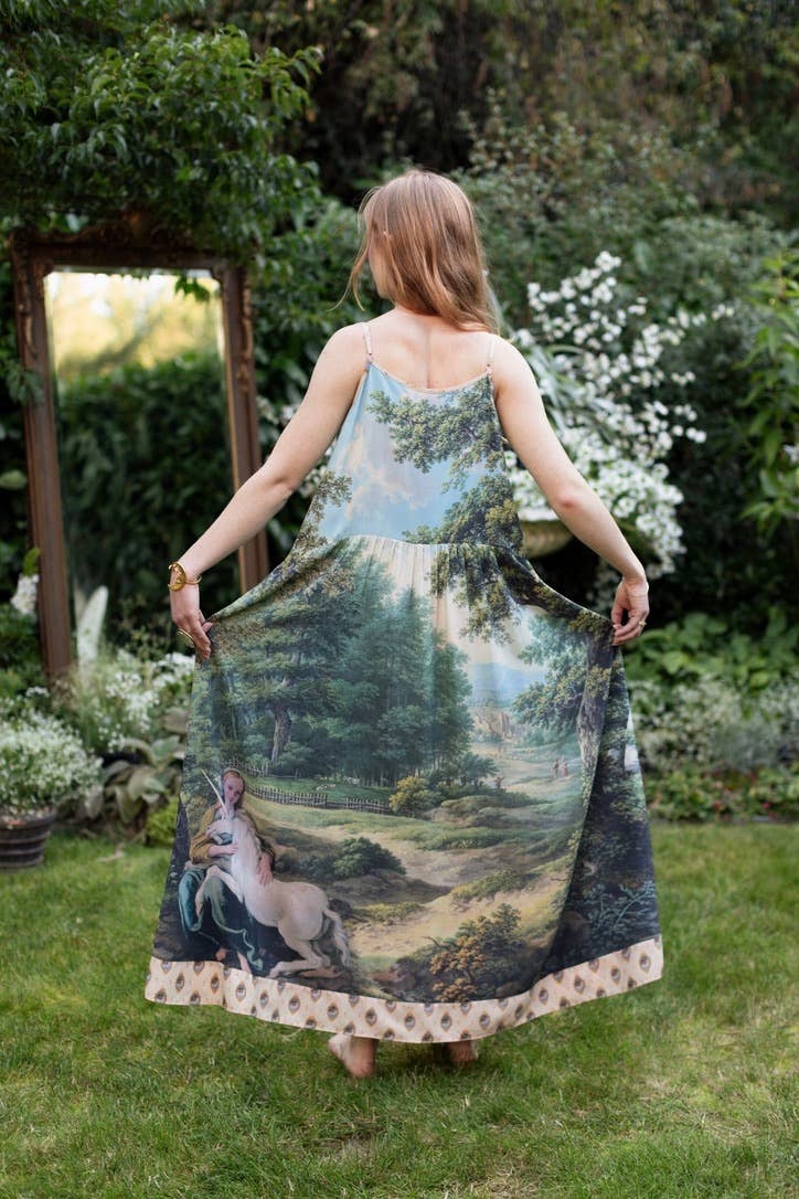 The Mythmaker Bohéme Maxi Slip Dress w/ Landscape & Unicorn - Out of the Blue