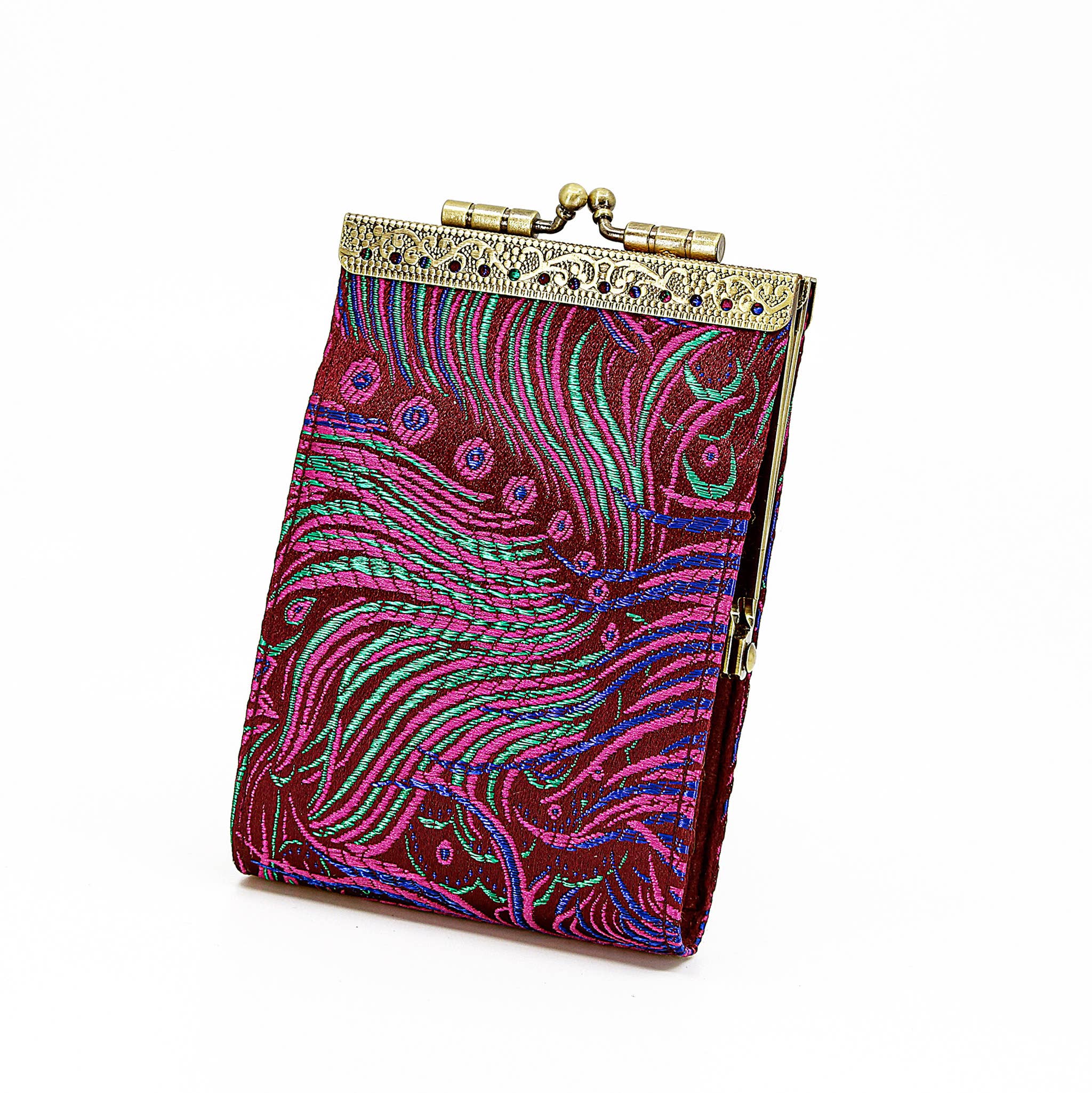 Brocade Peacock Card Holder w/ RFID, Card Case, Card Wallet: Gray & Pink - Out of the Blue