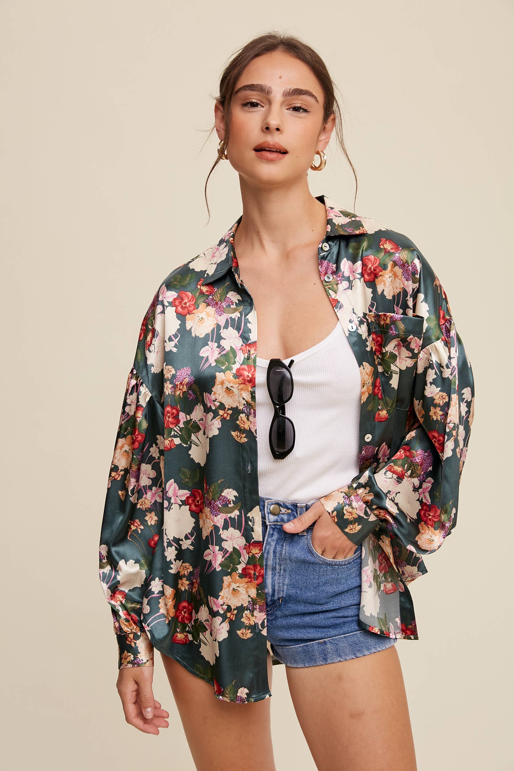 Floral Satin Button-Up Shirt LT1309 - Out of the Blue