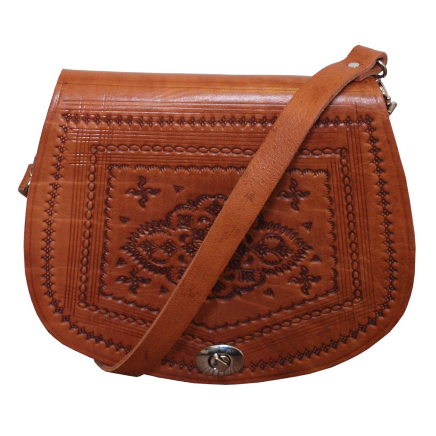 Ladies' Embossed Leather Saddle Bag: Dark Brown - Out of the Blue