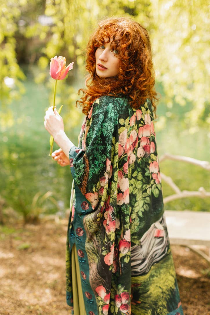 The Daydreamer Goddess Duster Kimono w/ Florals & Rabbits - Out of the Blue